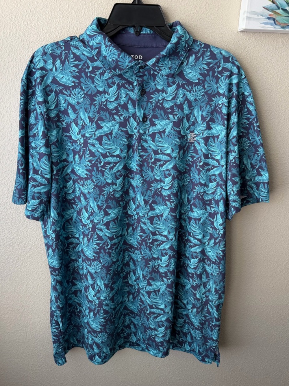 IZOD Golf Mens L Navy Teal Tropical Print Polo Shirt Short Sleeve SOFT! EUC!